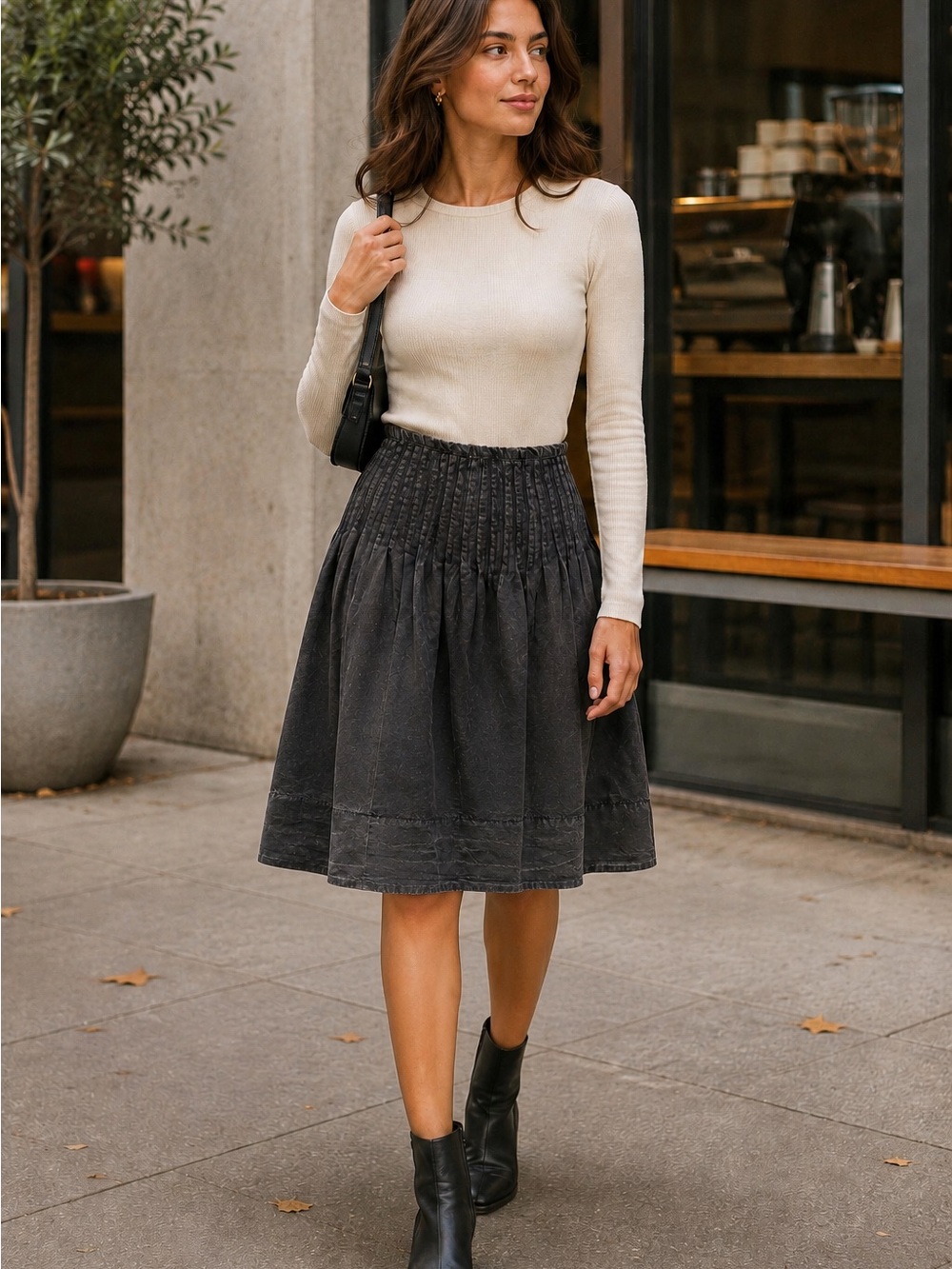 Free People Peyton Pintuck Midi Skirt, size 12, Washed Black, MSRP $128.